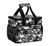 Grande borsa termica da campeggio per picnic, bianco e nero astratto amore cuore pieghevole portatile borsa pranzo & scatola per il pranzo per uomini e donne 20L