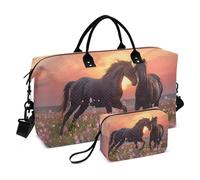 Grande borsone da viaggio, borsa sportiva da palestra, per la notte, weekend, stalloni con cavallo, tramonto borsone da portare con sé bagagli con borsa da toilette, Tramonto Stalloni Cavalli, Sports