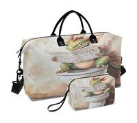 Grande borsone da viaggio con tracolla regolabile per escursionismo, set da 2 pezzi, con simpatico drago verde che legge il giornale