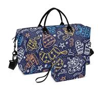 Grande borsone da viaggio per palestra, sport, borsa multifunzionale da viaggio con borsa da toilette per allenamento in palestra, icone della linea di scarabocchio di Natale, blu, Natale Doodle Line