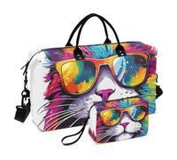 Grande borsone da viaggio, ritratto di un gatto con occhiali da sole, borsa da viaggio per donne e uomini, borsa da viaggio con custodia trolley, essenziale da viaggio in aereo per volare, #04, Taglia