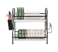 Grande capacità scolapiatti con 2 ripiani, organizer in acciaio inox, a doppio strato, con vassoio di scarico, tagliere, ciotola sul bancone della cucina (nero)