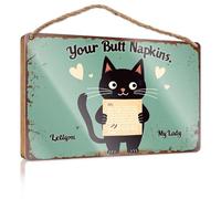 Grande cartello per la casa con gatto nero che tiene una lettera con cuori intorno. Decorazione per camper e fattoria (15 x 28 cm)