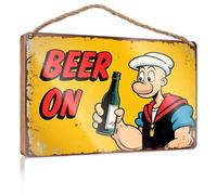 Grande cartello per la casa, con scritta "Beer on Popeye Holding a Bottle Wooded Sign Backyard Decor Funny Man Cave Signs" (23 x 35 cm)