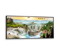 Grande Cascata Natura Tela di Arte Della Parete Paesaggio Cinese Pittura Stampe Panoramico Feng Shui Stile Poster per Soggiorno Home Decor 50x126cm con Cornice Nera