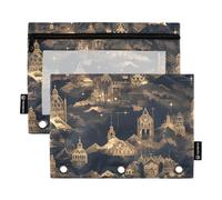 Grande cerniera con finestra trasparente nero e oro Dream Fairy Tale Castle grande astuccio grande e robusto 3 anelli astuccio per ufficio scuola cosmetici multicolore 2 pezzi