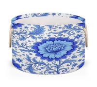 Grande cesto portaoggetti - vintage blu bianco porcellana floreale organizer organizer con manici, cesto portabiancheria rotondo pieghevole per giocattoli, coperte, camera da letto soggiorno