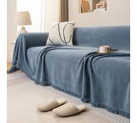 Grande coperta impermeabile blu per divano, 180 x 380 cm, morbida ciniglia a spina di pesce con nappe, versatile fodera per divano letto e divano a 1 4 posti