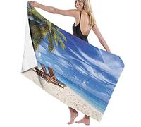 Grande coperta morbida per asciugamani da bagno, due sedie a sdraio sulla spiaggia sabbiosa tropicale sotto le palme rilassanti, telo da bagno telo mare per viaggi in hotel per famiglie sport di nuoto