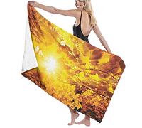 Grande coperta per asciugamano da bagno, il sole vibrante che irradia attraverso le foglie gialle dorate dei faggi in una vista sulla foresta, telo da bagno telo mare per viaggi in hotel per famiglie,