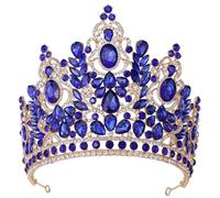 Grande corona di cristallo di lusso for sposa, matrimonio, grande corona di strass, accessorio for capelli da regina for feste e spettacoli teatrali(Blue)