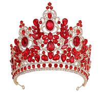 Grande corona di cristallo di lusso for sposa, matrimonio, grande corona di strass, accessorio for capelli da regina for feste e spettacoli teatrali(Red)