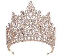 Grande corona di cristallo di lusso for sposa, matrimonio, grande corona di strass, accessorio for capelli da regina for feste e spettacoli teatrali(Gold)