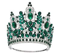 Grande corona rotonda di lusso alta regina reale corone nuziali accessori for capelli costume banchetto di cristallo(Silver Green)