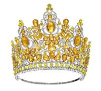 Grande corona rotonda di lusso alta regina reale corone nuziali accessori for capelli costume banchetto di cristallo(Silver Yellow)