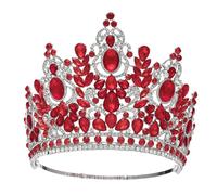 Grande corona rotonda di lusso alta regina reale corone nuziali accessori for capelli costume banchetto di cristallo(Silver Red)