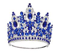 Grande corona rotonda di lusso alta regina reale corone nuziali accessori for capelli costume banchetto di cristallo(Silver Blue)