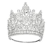 Grande corona rotonda di lusso alta regina reale corone nuziali accessori for capelli costume banchetto di cristallo(Silver White)