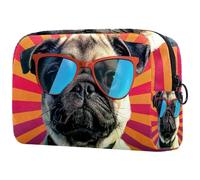 Grande cucciolo di carlino con occhiali, borsa per il trucco con cerniera, organizer per cosmetici da viaggio per donne, Multi, 18.5x7.5x13cm/7.3x3x5.1in, Art Deco