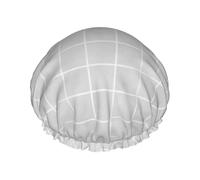 Grande cuffia da doccia da donna, riutilizzabile, doppia grigia disegnata a mano, con stampa a griglia e strato per capelli, con corda elastica e fodera in PEVA