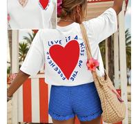 Grande cuore rosso a forma di cuore con bordo curvo e stampa in inglese, t-shirt da spiaggia americana con abbigliamento casual romantico, t-shirt da donna con stampa alla moda, stile streetwear, abbi