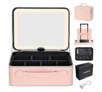 Grande custodia per il trucco con specchio a LED Vanity Case rimovibile con specchio luminoso in pelle PU portatile Makeup Artist Carry Vanity Box con divisori porta pennelli trucco, rosa