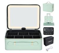 Grande custodia per il trucco con specchio a LED Vanity Case rimovibile con specchio luminoso in pelle PU portatile Makeup Artist Carry Vanity Box con divisori porta pennelli trucco, Verde menta