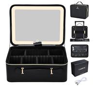 Grande custodia per trucco con specchio a LED Vanity Case rimovibile con specchio luminoso in pelle PU portatile Makeup Artist Carry Vanity Box con divisori porta pennelli da trucco, nero