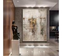 Grande dipinto astratto in beige, marrone e oro, beige, dipinto, marrone, arte minimalista, oro, bohémien, grande arte murale per soggiorno, 91 x 155 cm (36 x 61 pollici) con cornice