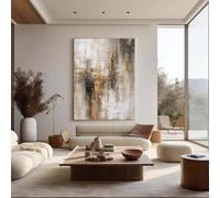 Grande dipinto con texture beige, grigio e oro, Wabi Sabi Art, dipinto minimalista su tela, arte astratta da parete in oro, arredamento moderno, 80x120cm (31x47 pollici) con cornice interna