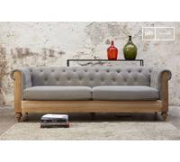 Grande divano Chesterfield in lino e cotone grigio, 3 posti, stile shabby chic, 218x82x72 cm, design campagna chic