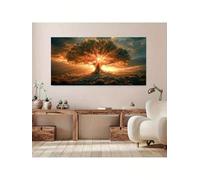 Grande e vibrante dipinto su tela raffigurante l'albero della vita, decorazione da parete astratta con motivi geometrici, 30x60 cm, senza cornice.