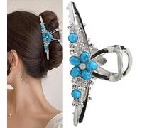 Grande fermaglio per capelli in metallo con pietra blu turchese occidentale, antiscivolo, accessori per capelli da donna, capelli spessi, girasole, argento