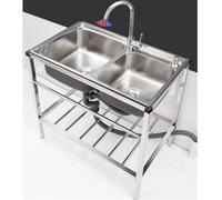 Grande lavello autoportante in acciaio inox, design commerciale a 2 vasche con rubinetti caldi e freddi, per ristoranti, bar, hotel, garage e lavanderia