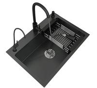 Grande lavello in acciaio inox, vasca singola, nero, con dispenser di sapone e scolapiatti, adatto per cucine, hotel e ristoranti (80 x 45 cm)