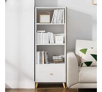 Grande libreria bianca con ante chiuse, schienale alto e gambe in legno robuste, versatile vetrina angolare per arredamento elegante per la casa