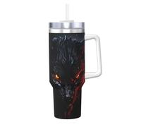 Grande lupo nero con occhi rossi, bicchiere con manico e cannuccia, tazza da caffè isolata sottovuoto, in acciaio inox, a doppia parete, elegante tazza da caffè da viaggio, supporto per tazza da caffè