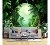 Grande murale con vista sulla luna e arco tropicale della foresta pluviale, arte della parete della giungla lussureggiante, carta da parati di dimensioni personalizzate per soggiorno