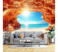 Grande murale su misura per la parete completa della grotta costiera della spiaggia della luce del sole, arte della parete del paesaggio dell'oceano, carta da parati di dimensioni personalizzate per