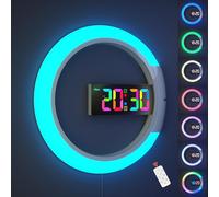 Grande orologio da parete digitale a LED, sveglia da parete rotonda da 12 pollici con telecomando Luce notturna RGB Temperatura per soggiorno, camera da letto, casa, ufficio