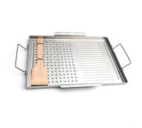 Grande piastra grill antiaderente in acciaio inox con manici per barbecue e cucina, padella per esterni e interni, argento, 43 x 29,2 x 2 cm