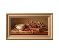 Grande pittura a olio 3D in rilievo con cornice vintage natura morta con libro di tazze e bacche rosse autoadesive rimovibili stampe da parete per soggiorno, camera da letto, casa ufficio