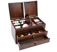 Grande scatola da cucito in legno con 2 cassetti e scomparti, facile da trasportare, organizer per cucito e ricamo a casa