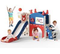 Grande scivolo per bambini, con cesto da basket, telaio da arrampicata per giardino, telescopio, spazio per 1-3 anni, extra lungo 1700 mm (scivolo sei in uno - blu e rosso)))