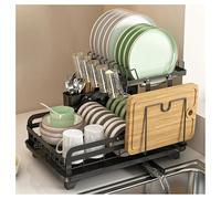 Grande scolapiatti a 2 ripiani per bancone della cucina - Scolapiatti in metallo antiruggine con beccuccio girevole a 360°, portautensili e vassoio di scolo, non necessita di montaggio(Black)