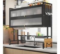 Grande scolapiatti in Metallo a Tre Livelli con Coperchio - Mobile da Cucina sopra Il lavello con Anta Magnetica per un'asciugatura efficiente e Una Soluzione salvaspazio