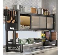 Grande scolapiatti per lavello, 2 livelli con coperchio scorrevole, portaoggetti per mobili da cucina, organizer per lavello da cucina, ripiano a più livelli (95 cm)