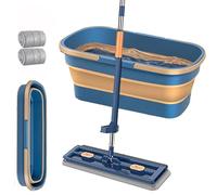 Grande scopa piatta, set con secchio, lavapavimenti con funzione di strizzatura, girevole a 360°, set con 2 cuscinetti in microfibra, mocio per piastrelle in legno duro