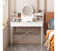 Grande scrivania di vanità, trucco con specchio LED in 3 colori e 4 cassetti, set vanità professionale, luminosità regolabile, camera da letto/guardaroba per le donne truccatori bianco
