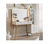 Grande scrivania moderna con specchio e luci, tavolo da trucco con 5 cassetti e ripiani, elegante stazione di trucco per camera da letto e decorazione per la casa